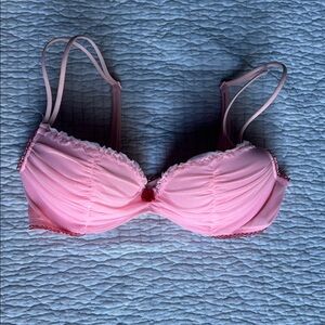 Vintage Victoria's Secret Pink Ruched Mesh & Lace Demi Push-up Bra, 32B
